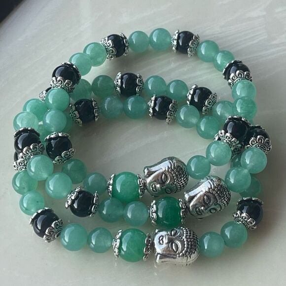 Green aventurine jade obsidian Buddha ONE stretch beaded bracelet NEW reiki medi - Picture 7 of 10